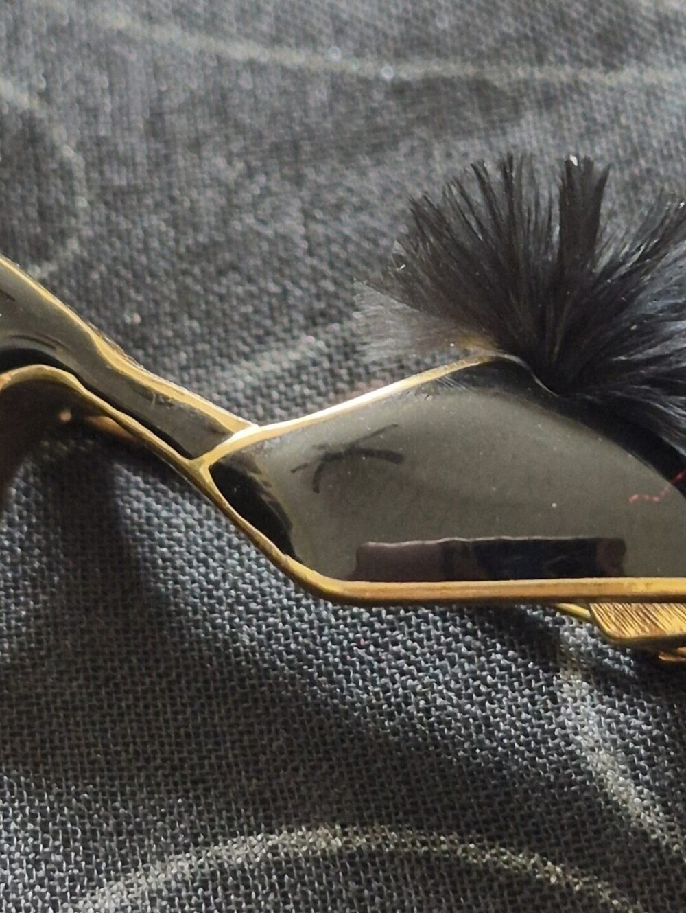 Vtg KJL Kenneth Jay Lane Black Enamel High Heel Shoe Pin Brooch Feather Puff